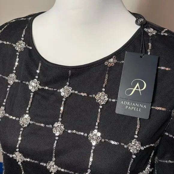 Adrianna Papell Beaded Mesh Top Black Sequin Puff Sleeve Sheer Blouse NWT Sz L - Picture 8 of 10